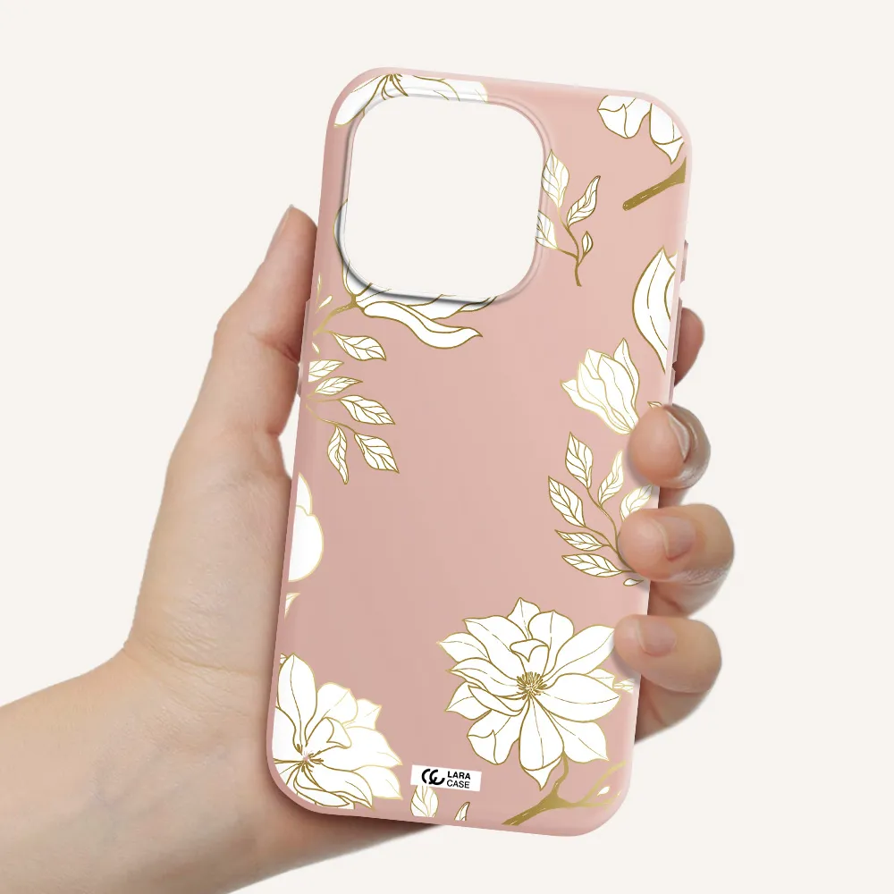 Golden And White Flower Apple Iphone 15 Pro Silicone Pastel Pink Case