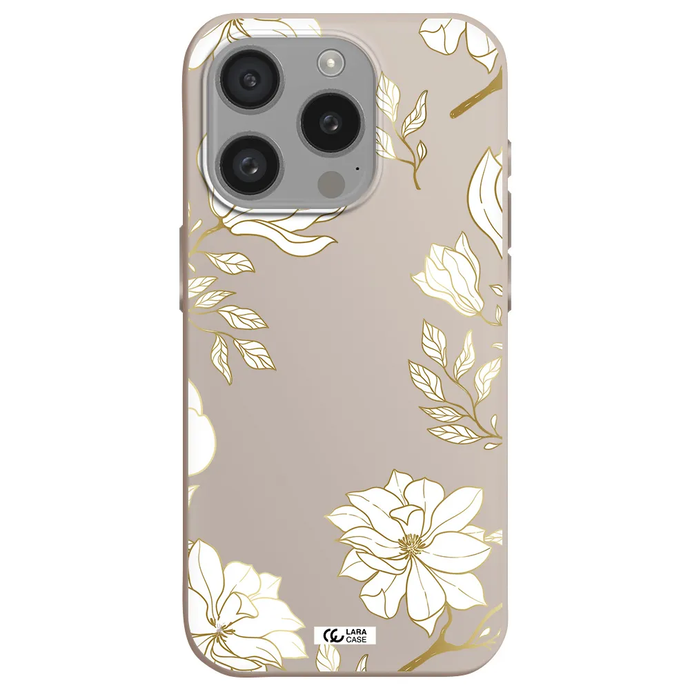 Golden And White Flower Apple Iphone 15 Pro Silicone Stone Case
