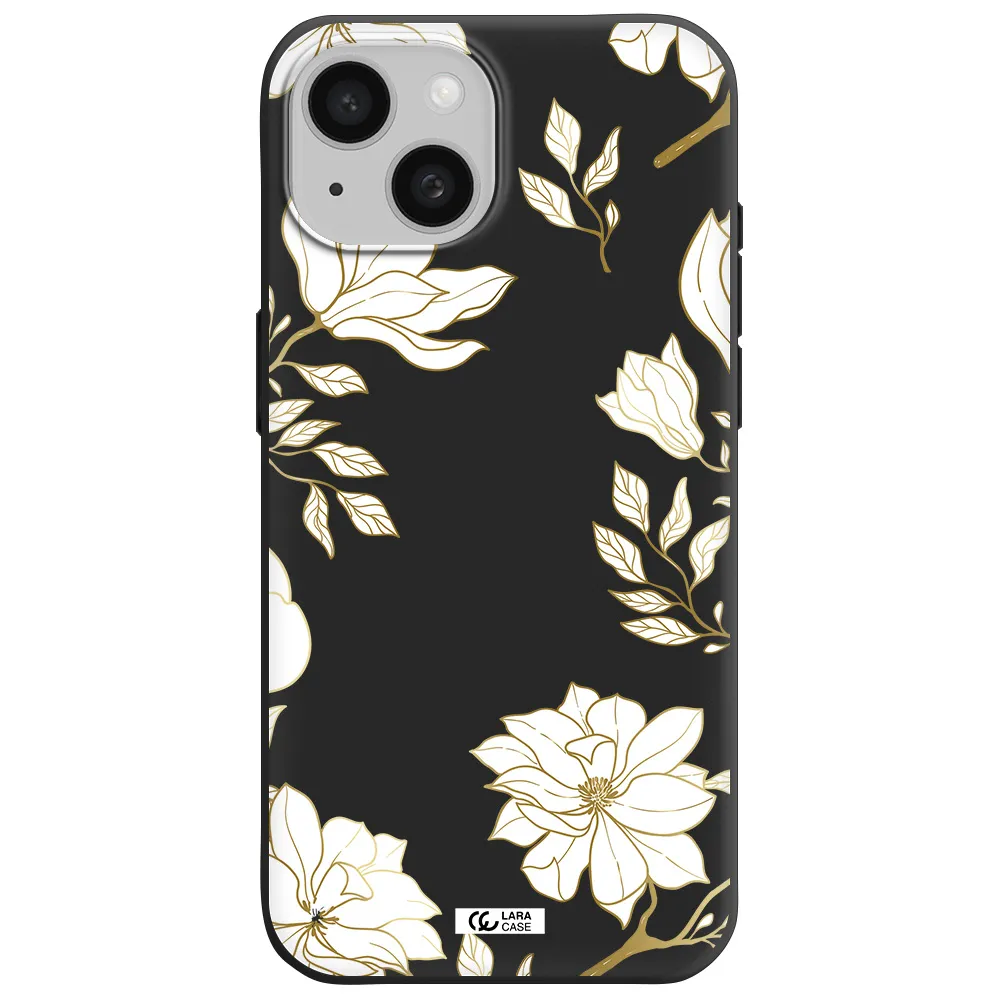 Golden And White Flower Apple iPhone 15 Silicone black Case