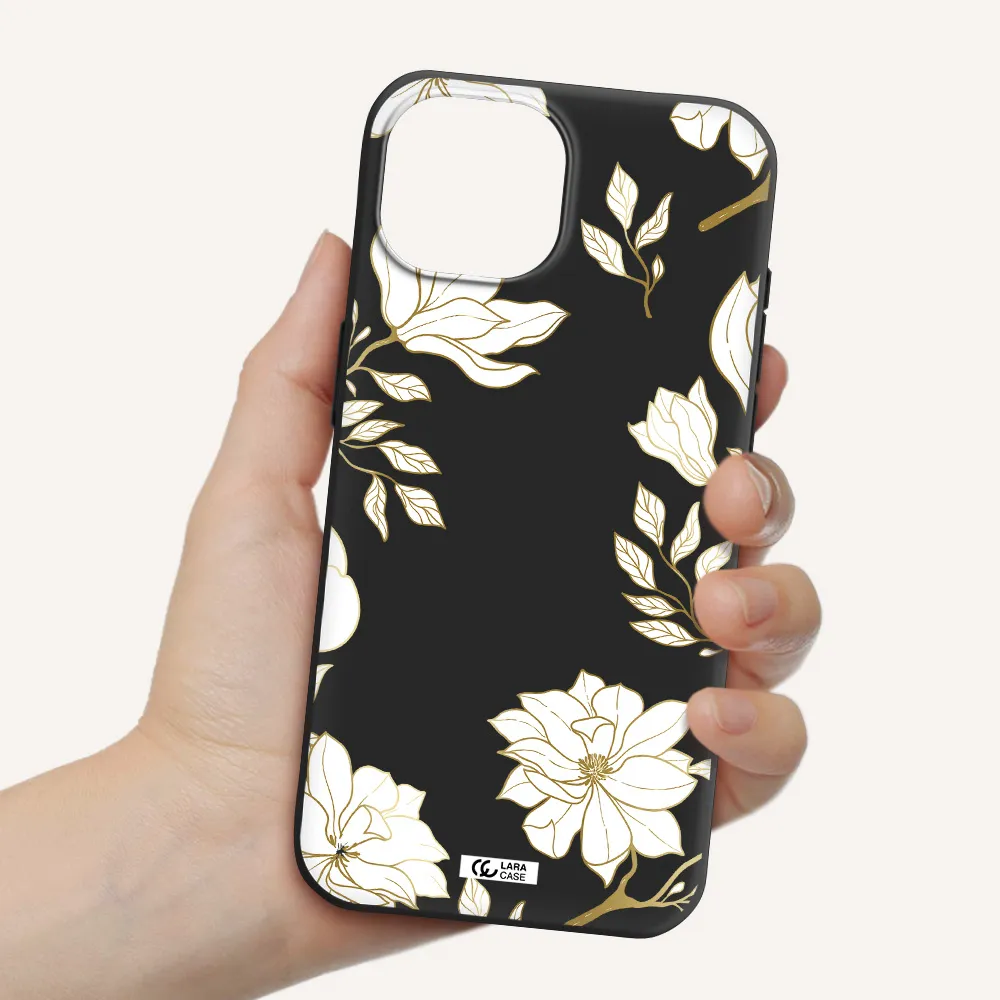 Golden And White Flower Apple iPhone 15 Silicone black Case