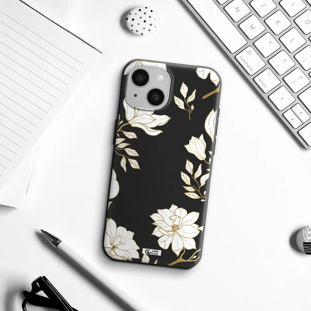 Golden And White Flower Apple iPhone 15 Silicone black Case