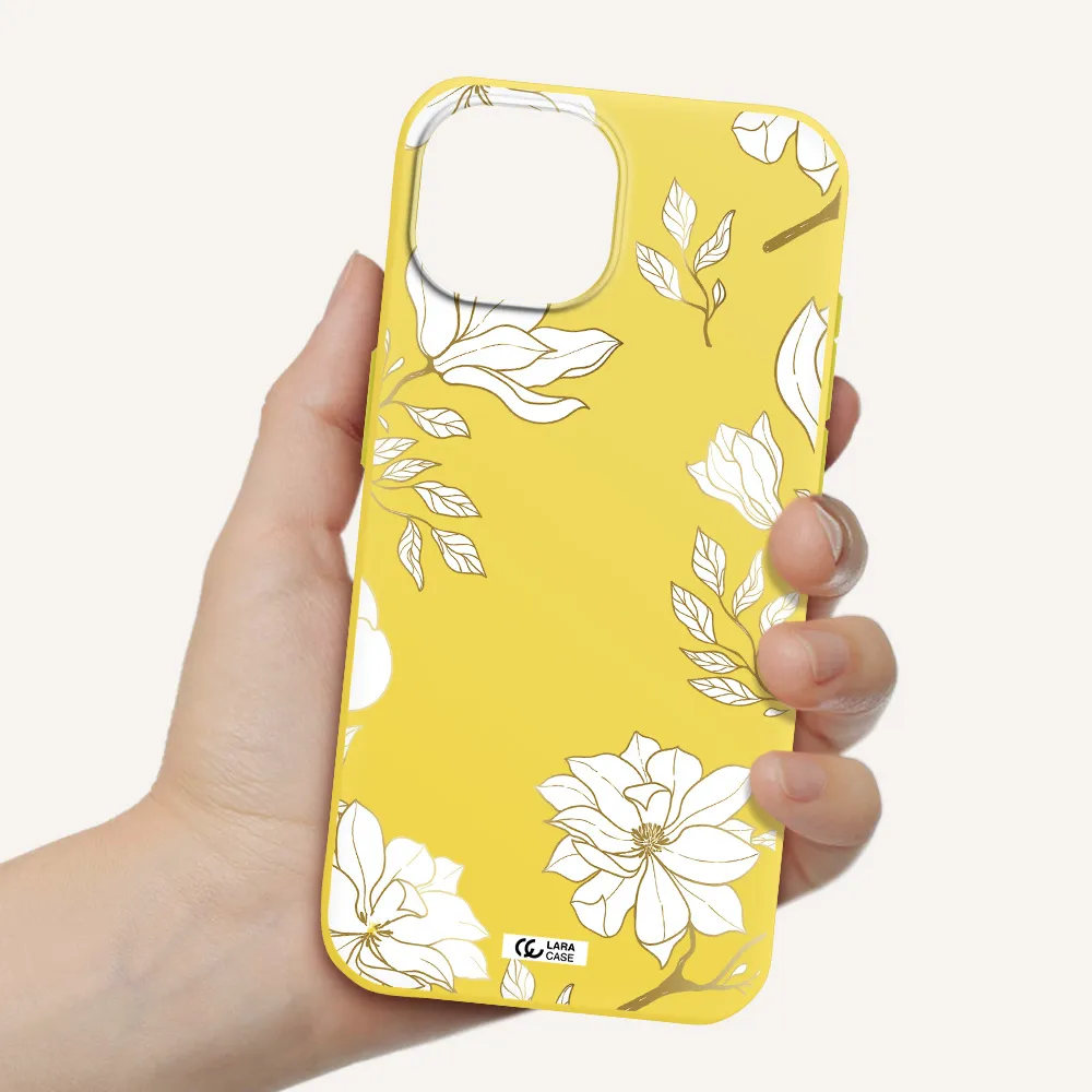 Golden And White Flower Apple iPhone 15 Silicone canary yellow Case