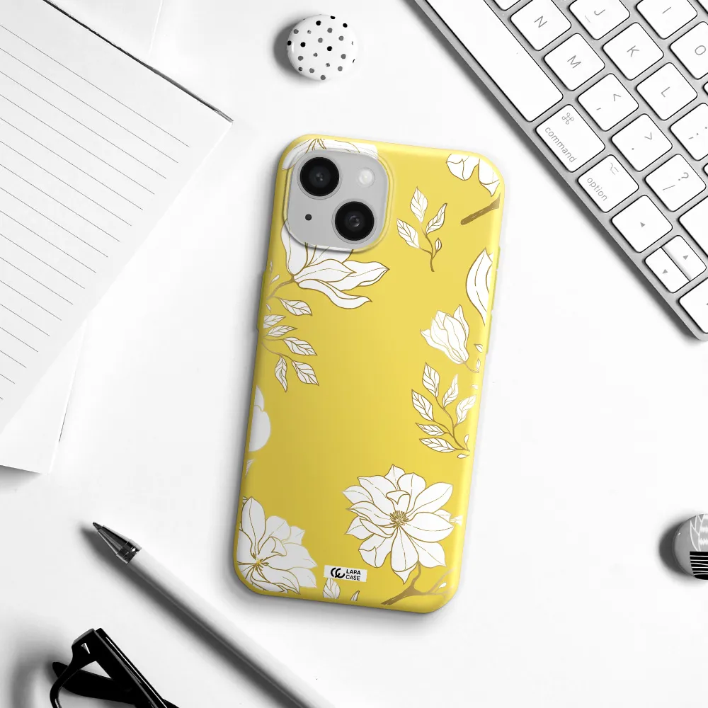 Golden And White Flower Apple iPhone 15 Silicone canary yellow Case
