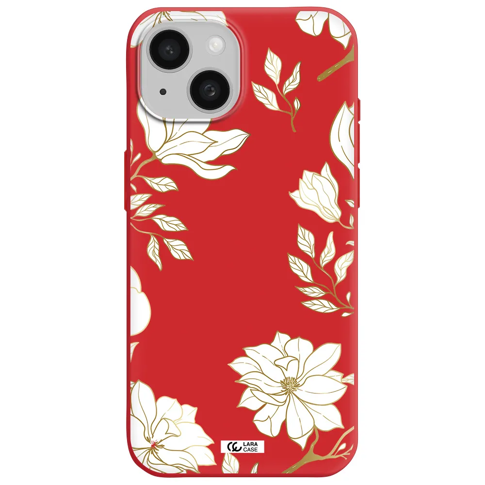 Golden And White Flower Apple Iphone 15 Silicone Imperial Red Case