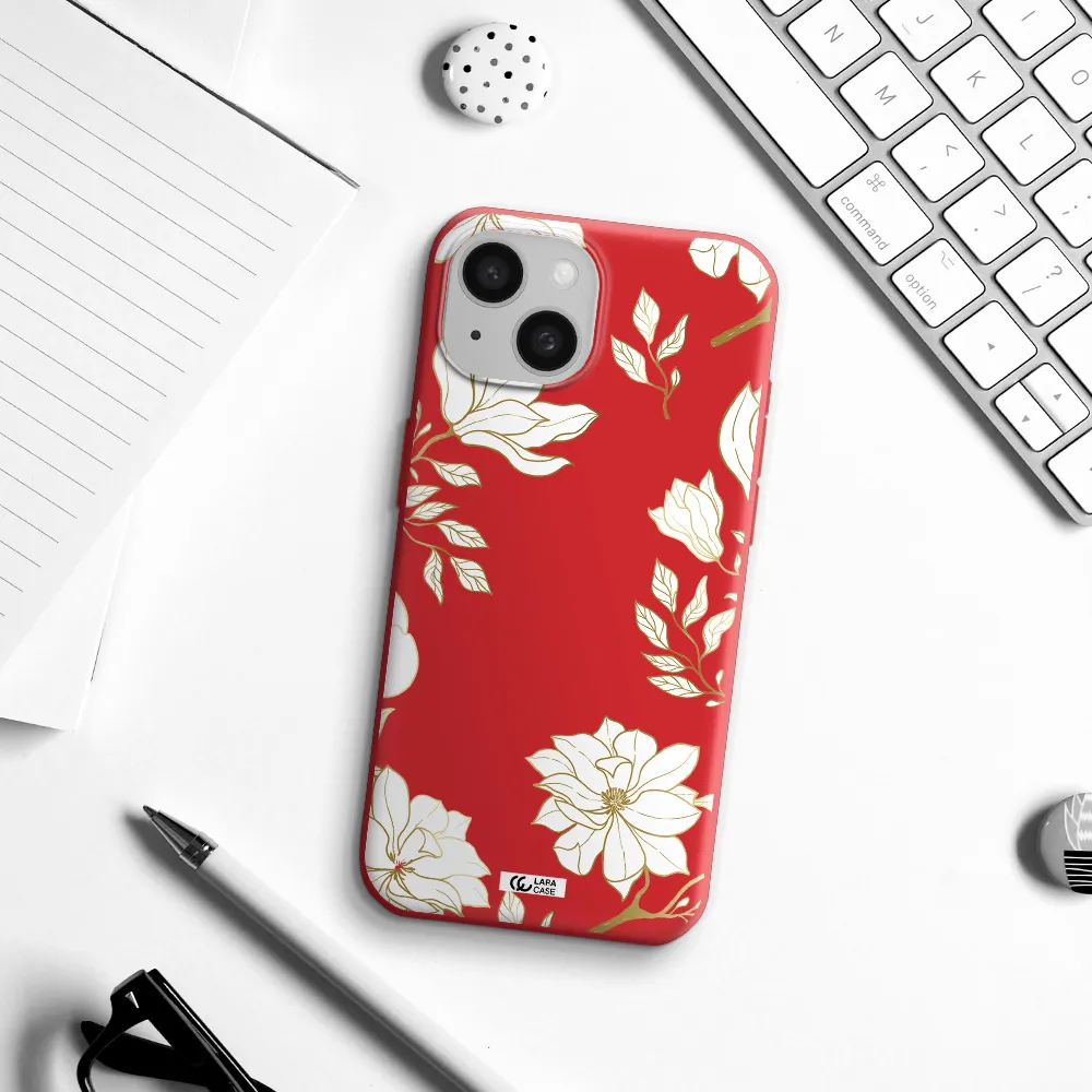 Golden And White Flower Apple Iphone 15 Silicone Imperial Red Case