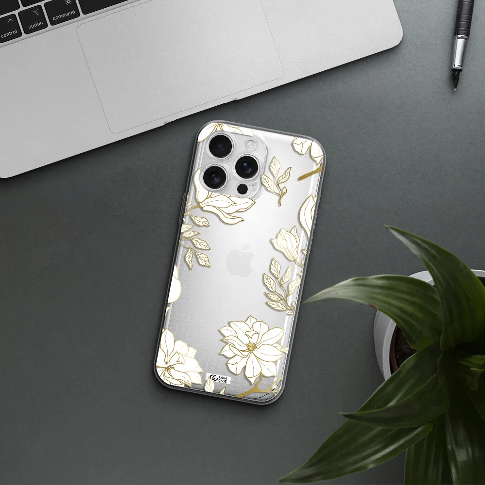 Golden And White Flower Apple Iphone 16 Pro Max Clear Tpu Case