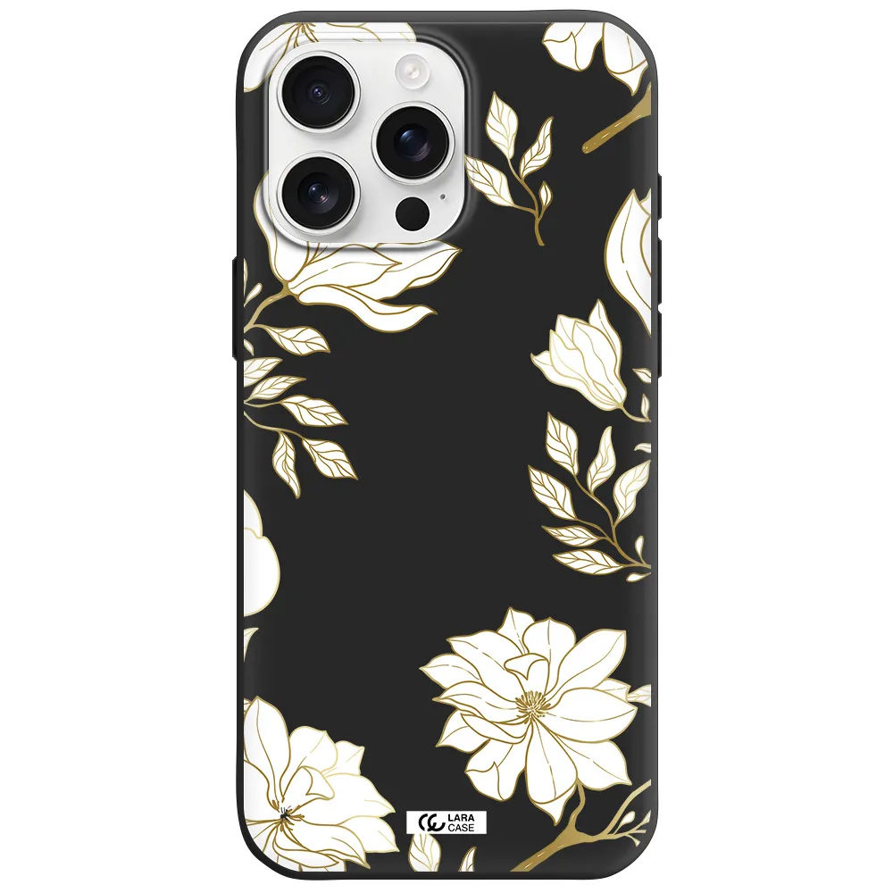 Golden And White Flower Apple Iphone 16 Pro Max Silicone Black Case