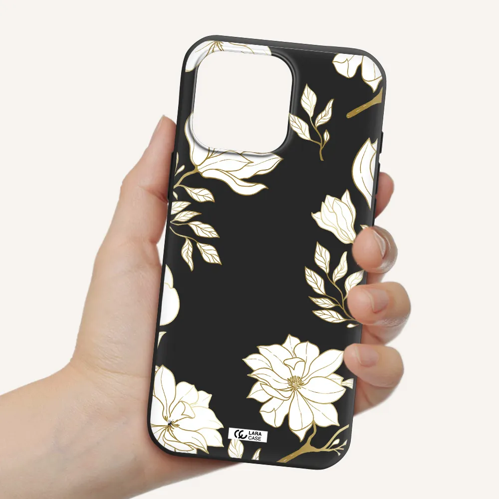 Golden And White Flower Apple Iphone 16 Pro Max Silicone Black Case