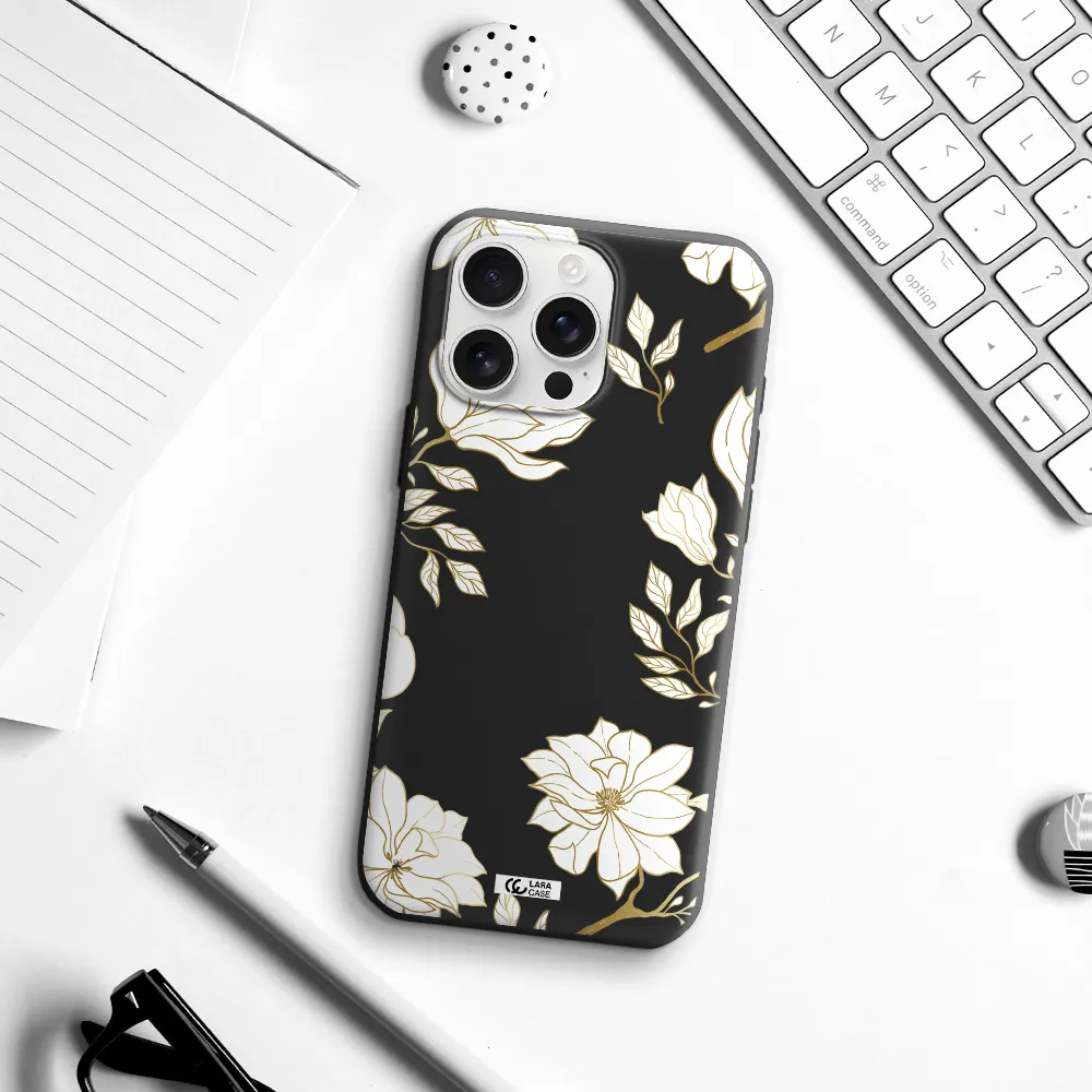 Golden And White Flower Apple Iphone 16 Pro Max Silicone Black Case