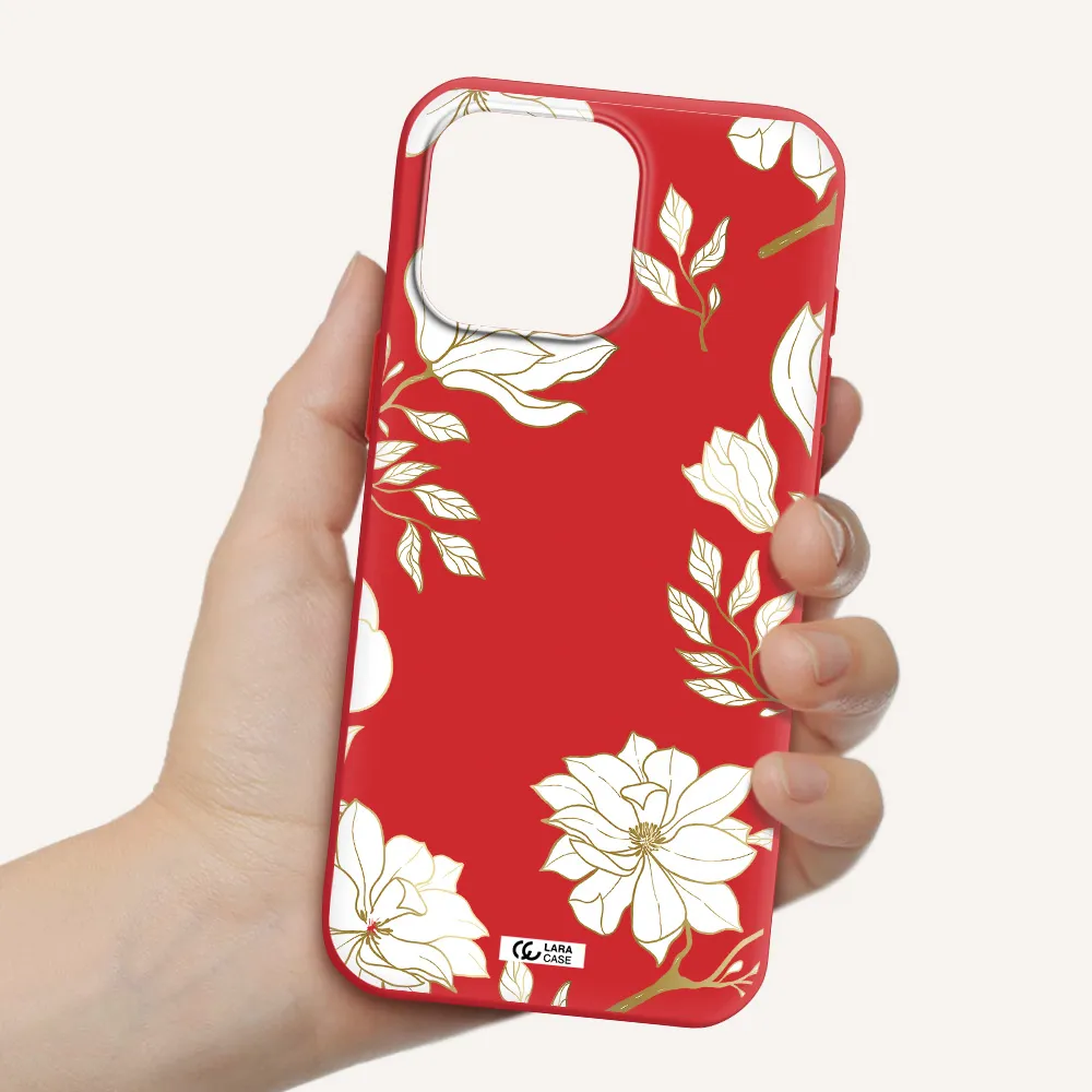 Golden And White Flower Apple Iphone 16 Pro Max Silicone Imperial Red Case