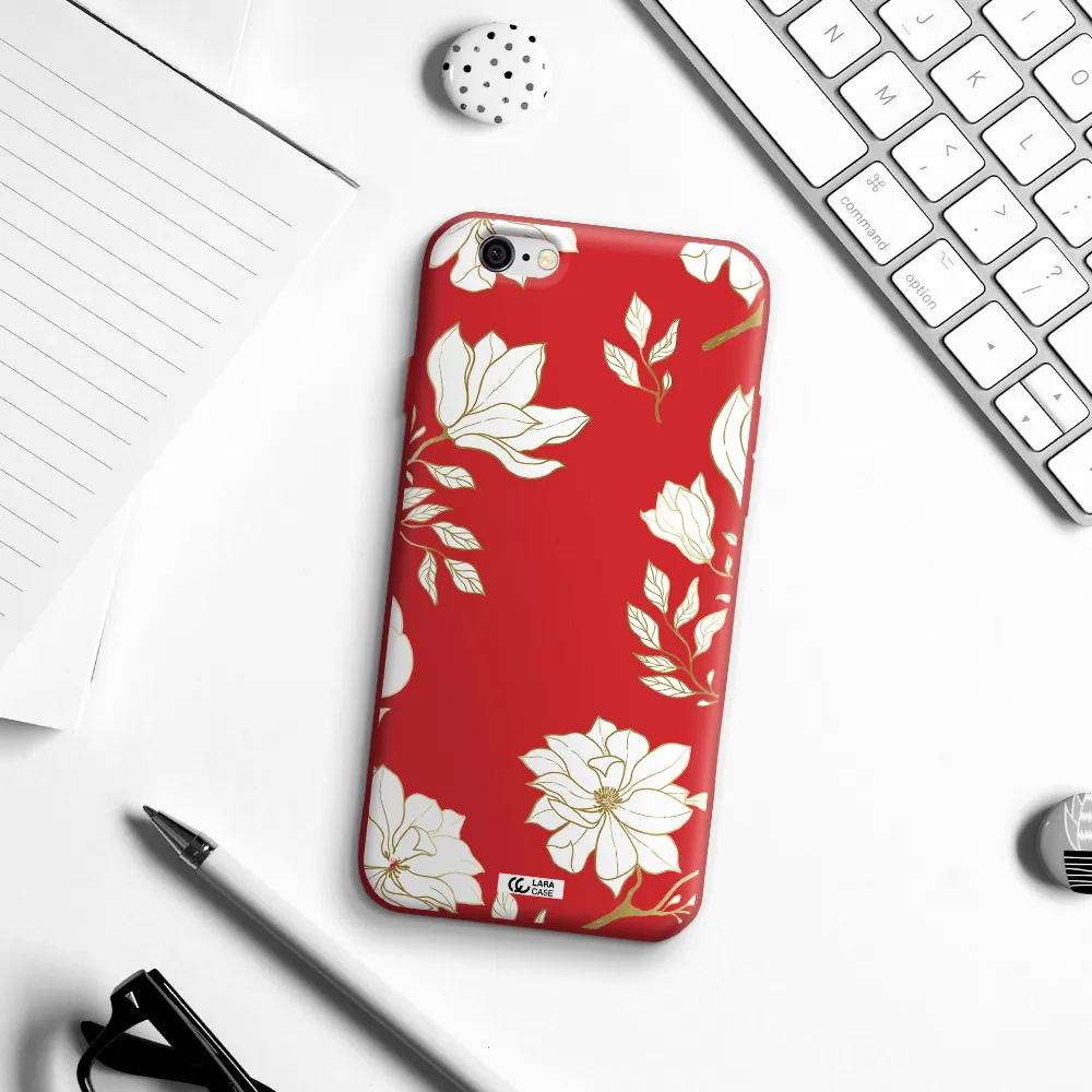 Golden And White Flower Apple iPhone 6 Silicone Imperial Red Case