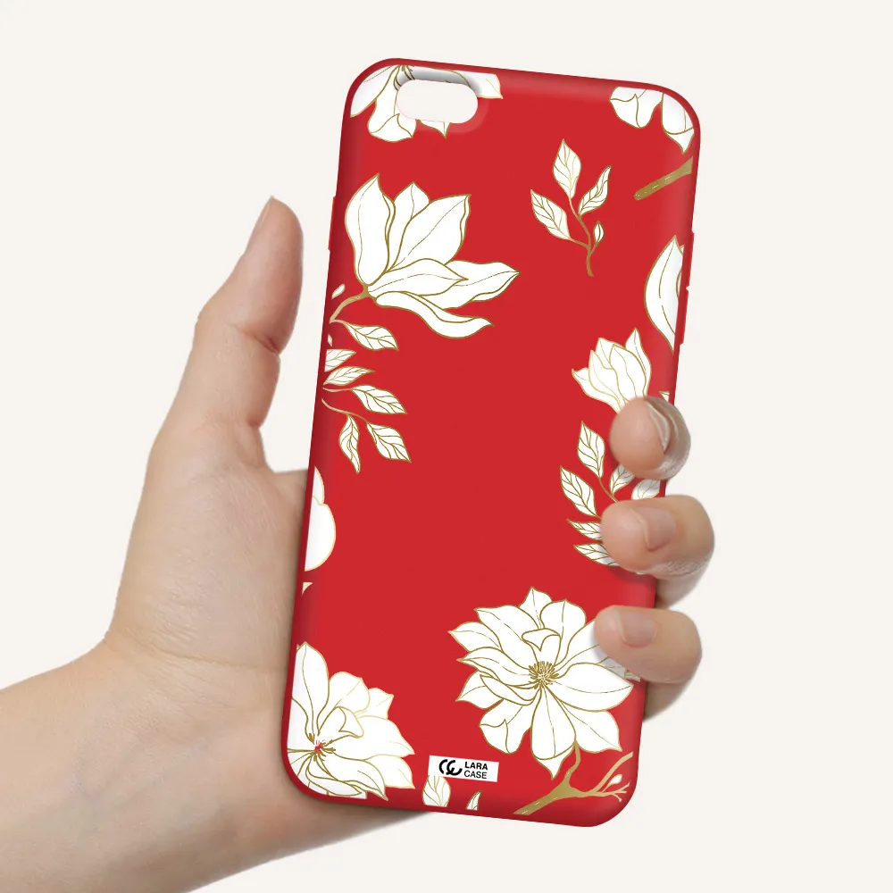 Golden And White Flower Apple iPhone 6S Silicone Imperial Red Case