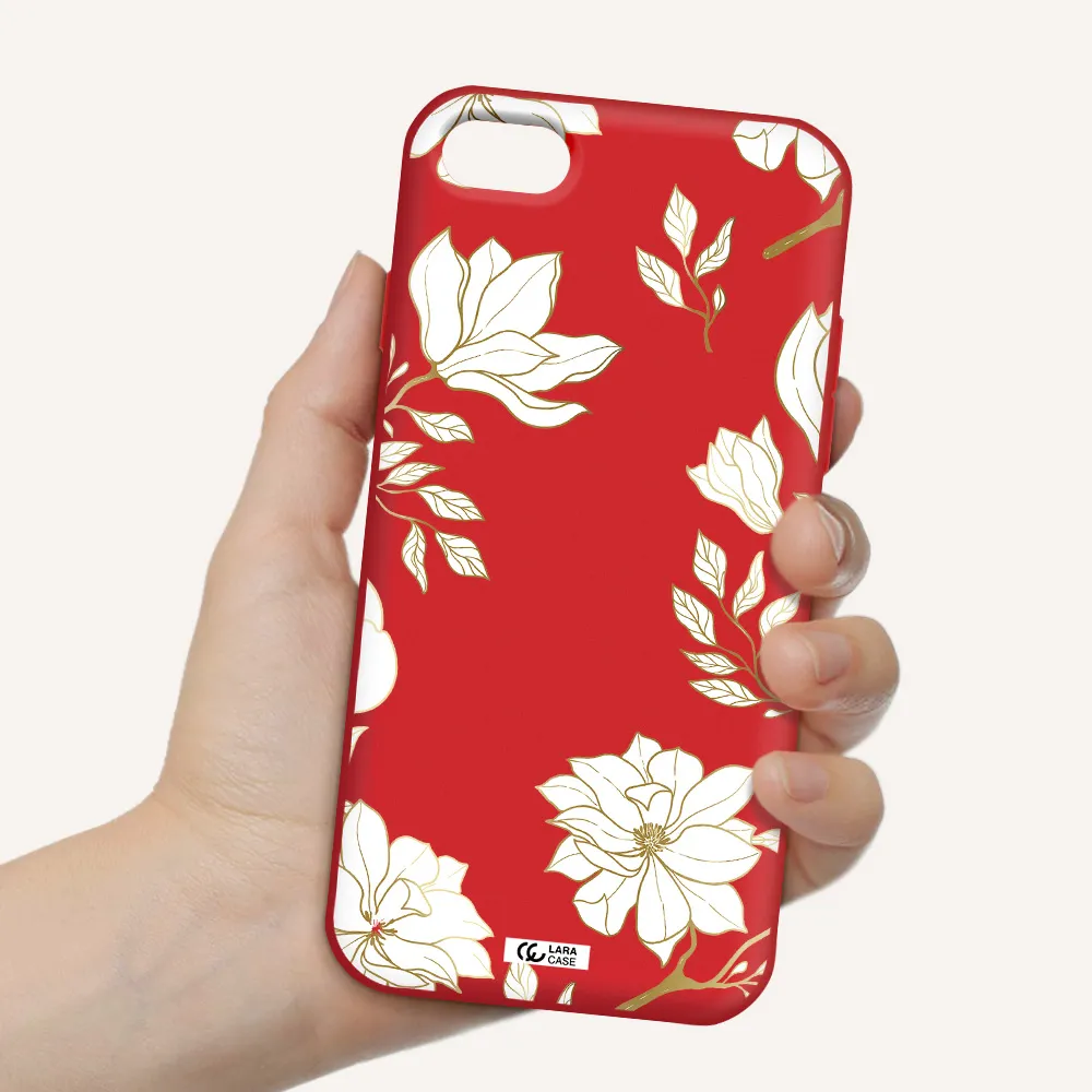 Golden And White Flower Apple iPhone 7 Silicone Imperial Red Case
