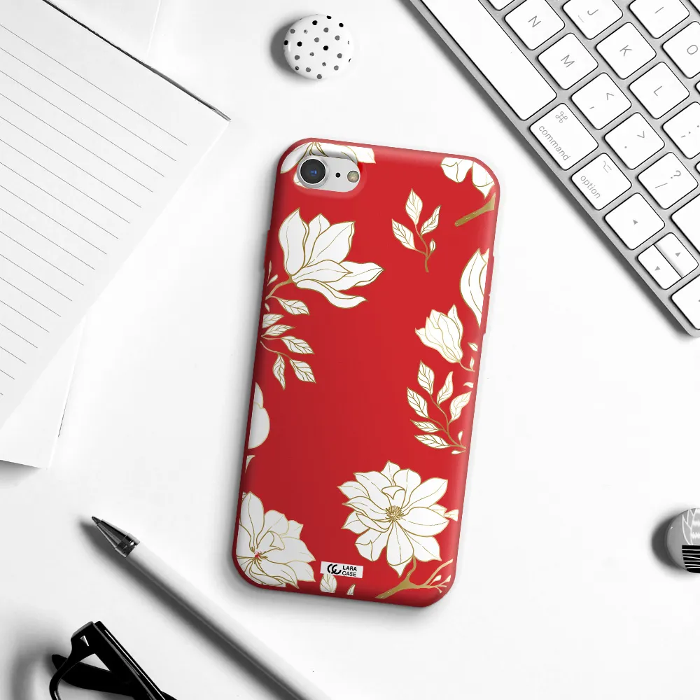 Golden And White Flower Apple iPhone 7 Silicone Imperial Red Case