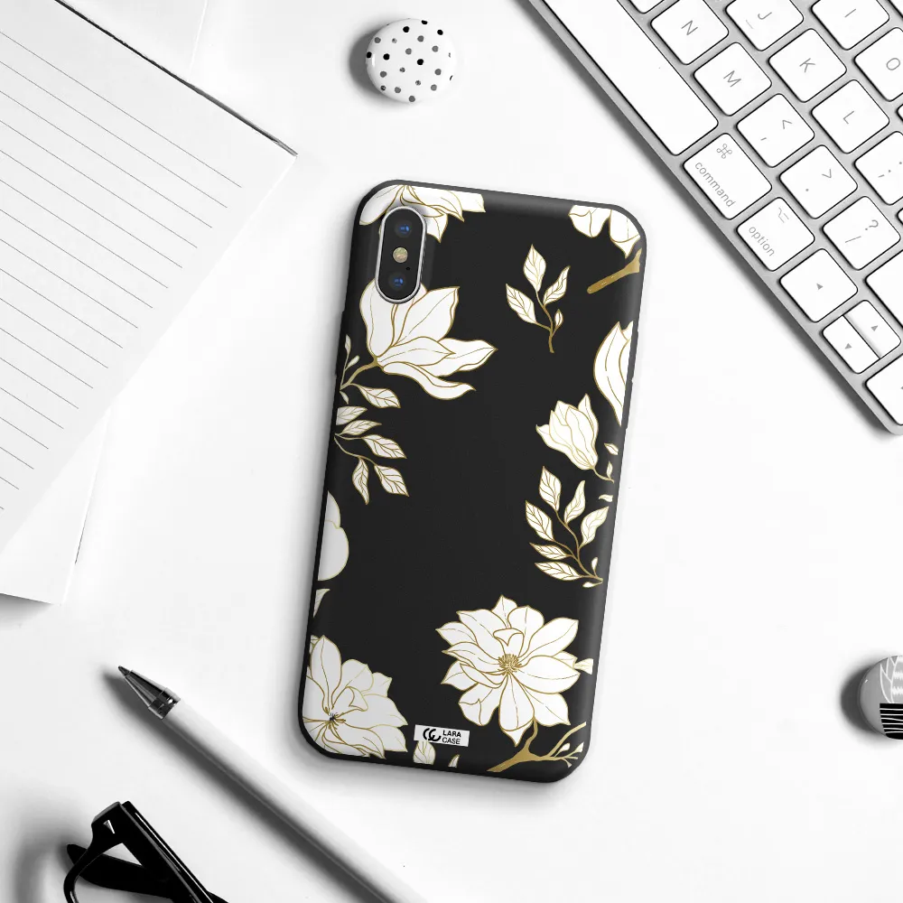 Golden And White Flower Apple iPhone X Silicone black Case