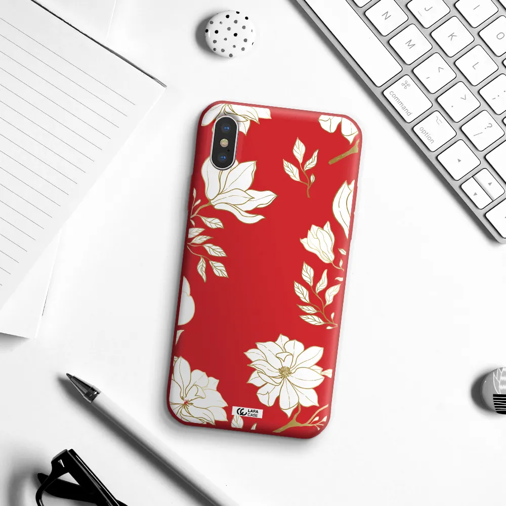 Golden And White Flower Apple iPhone XS Silicone Imperial Red Case