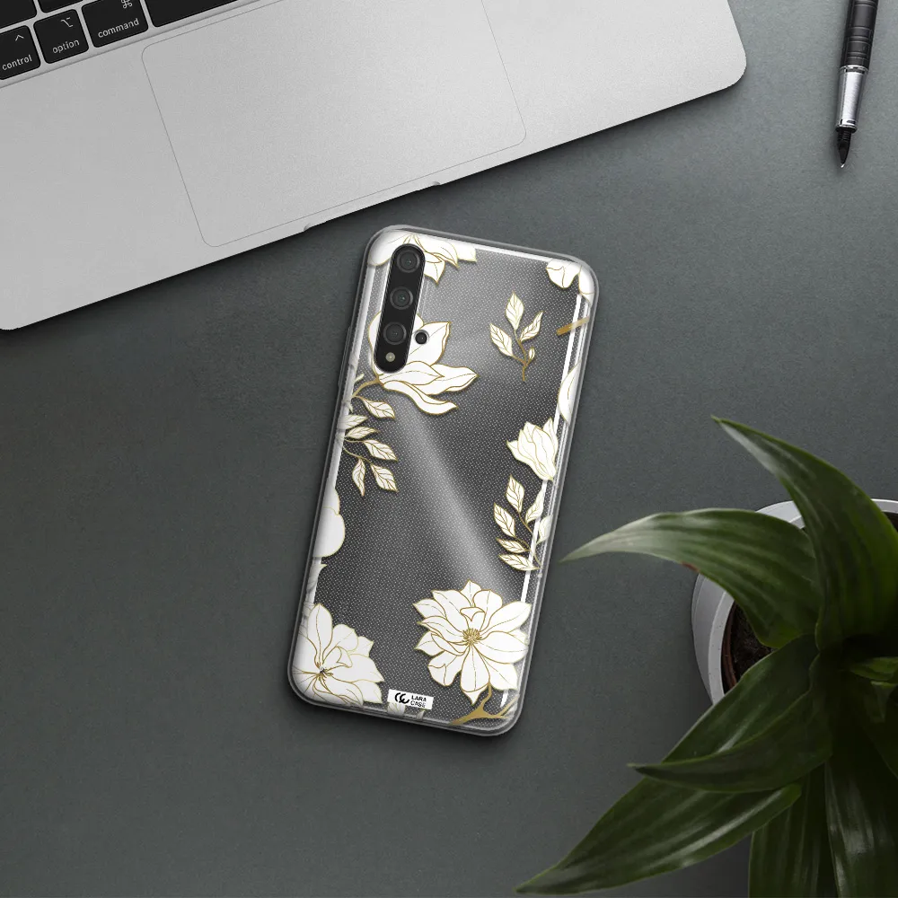 Golden And White Flower Huawei Nova 5t Clear TPU Case