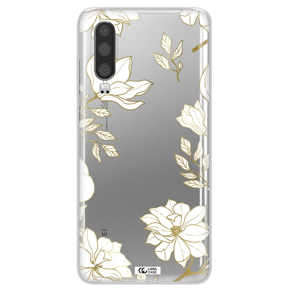 Golden And White Flower Huawei P30 Clear TPU Case