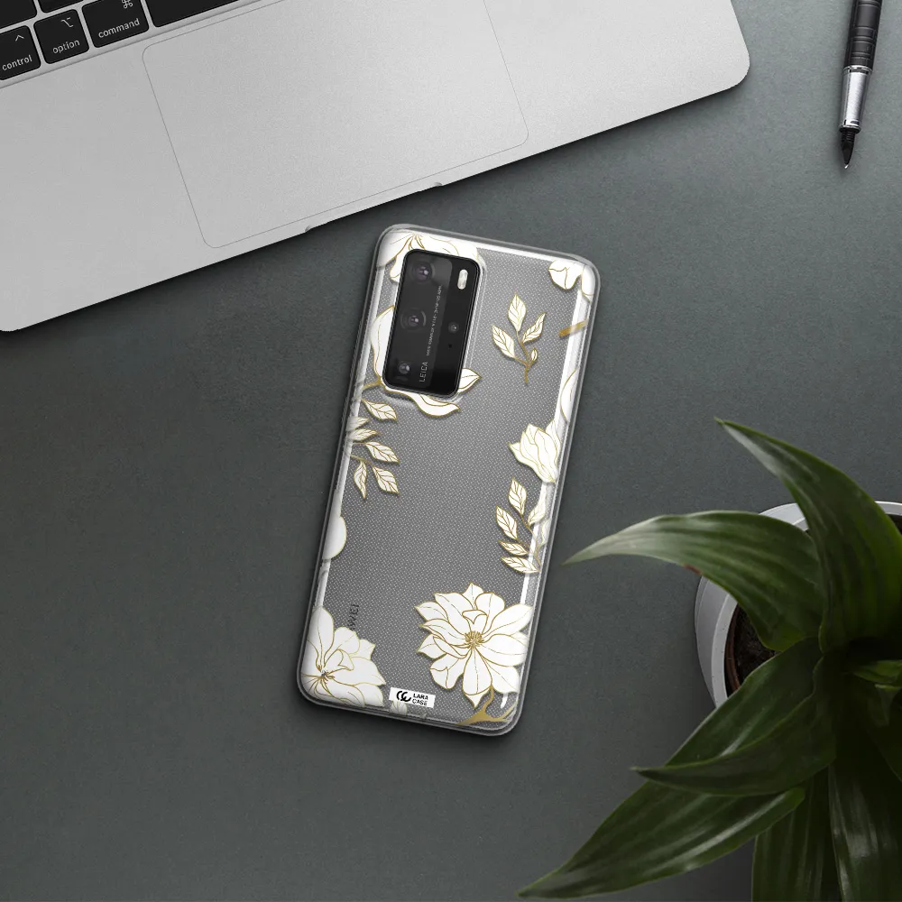 Golden And White Flower Huawei P40 Pro Clear TPU Case