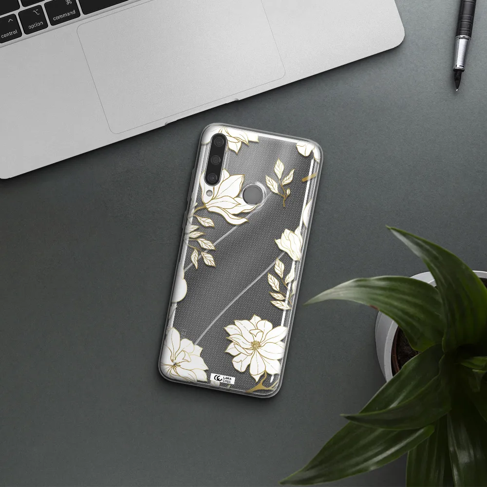 Golden And White Flower Huawei Y6P Clear TPU Case