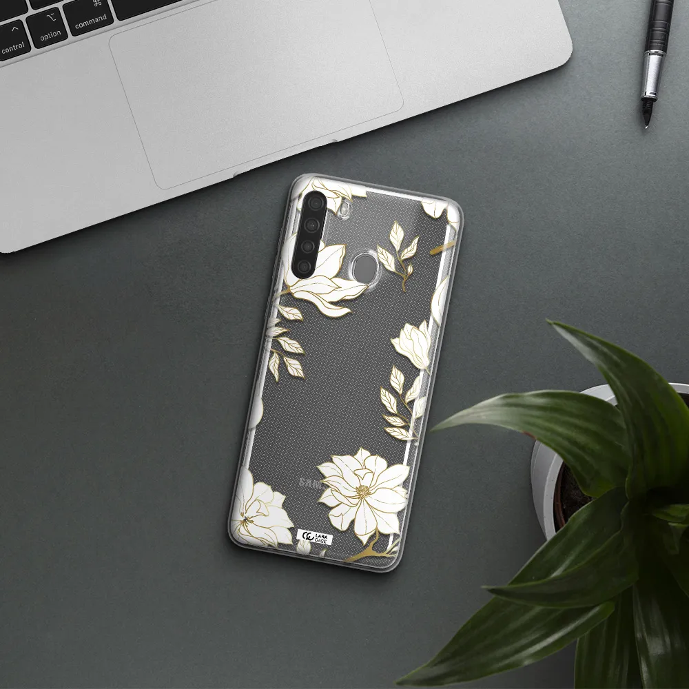 Golden And White Flower Samsung A21 Clear TPU Case