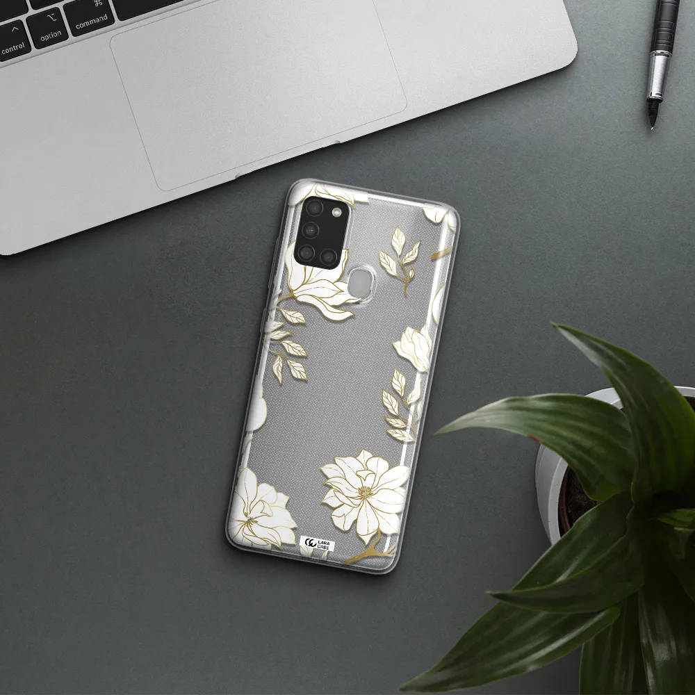 Golden And White Flower Samsung A21S Clear TPU Case