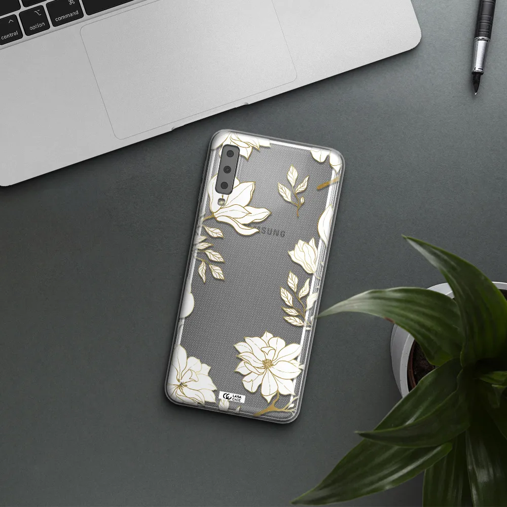 Golden And White Flower Samsung A7 2018 Clear TPU Case