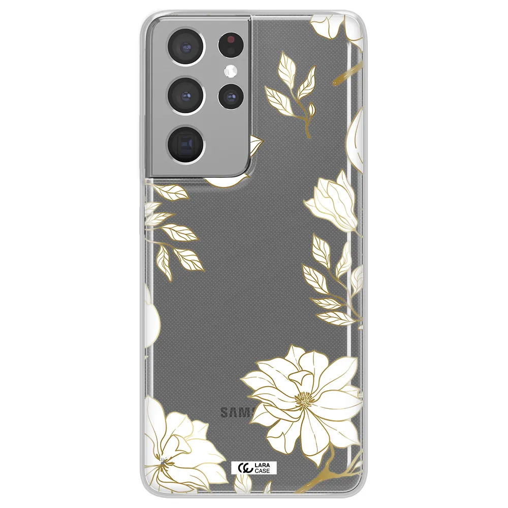 Golden And White Flower Samsung S21 Ultra Clear TPU Case