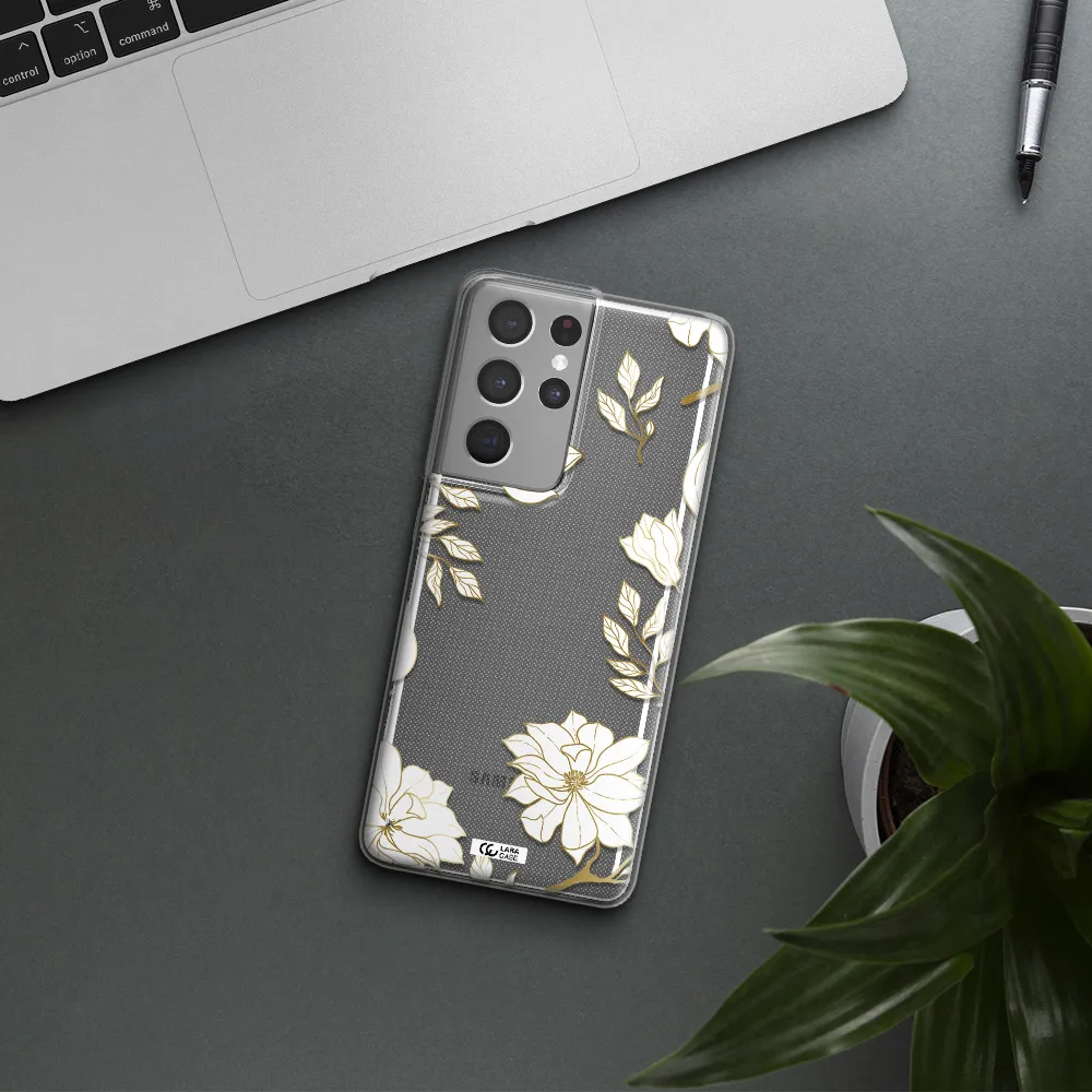 Golden And White Flower Samsung S21 Ultra Clear TPU Case