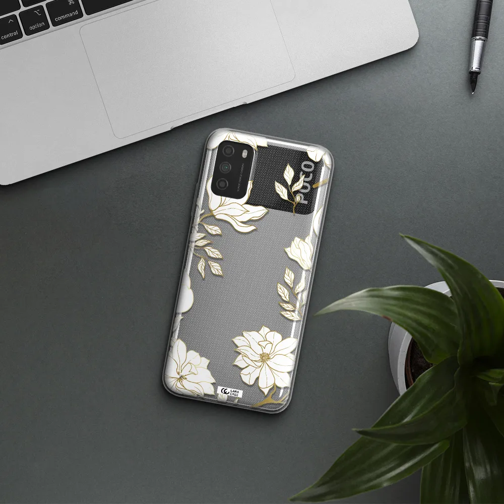 Golden And White Flower Xiaomi Poco M3 Clear TPU Case