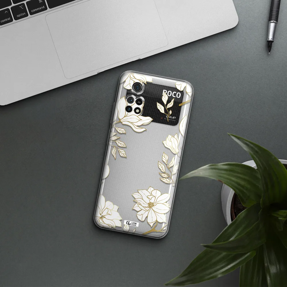 Golden And White Flower Xiaomi Poco M4 Pro 4G Clear Tpu Case