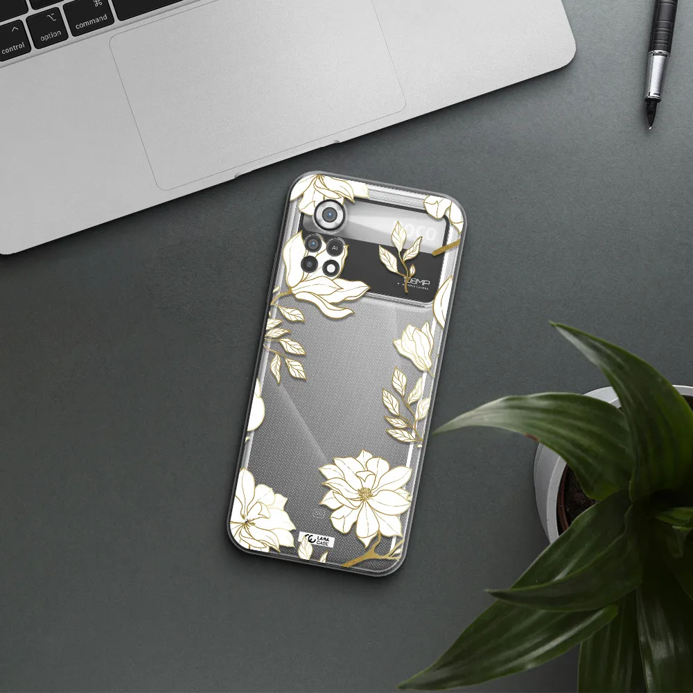 Golden And White Flower Xiaomi Poco X4 Pro Clear TPU Case