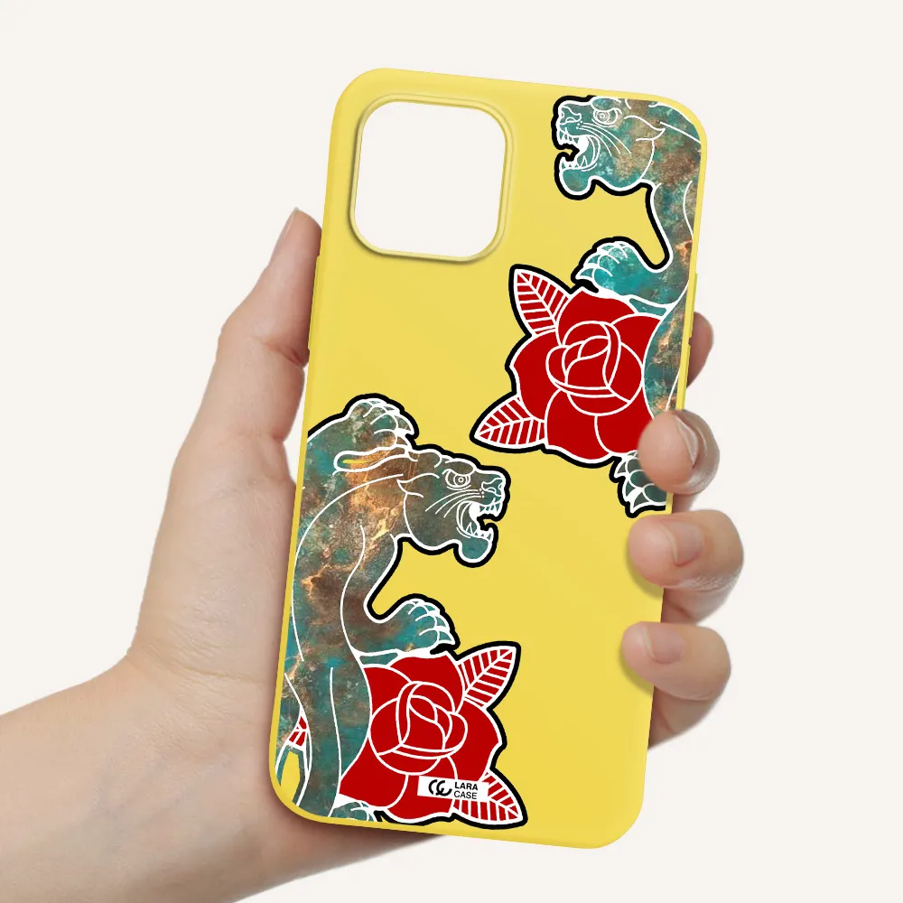 Black Panther Roses Apple iPhone 12 Silicone canary yellow Case