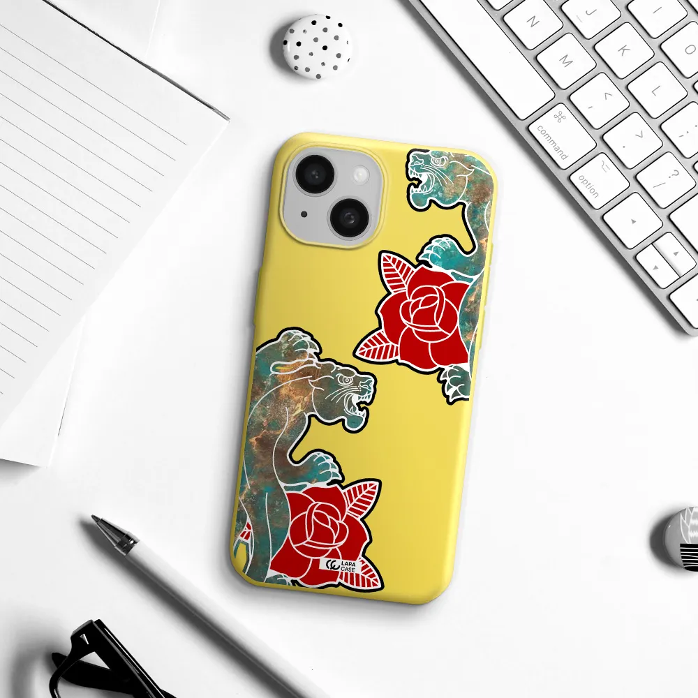Black Panther Roses Apple iPhone 15 Silicone canary yellow Case