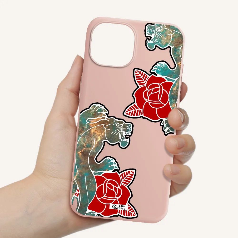 Black Panther Roses Apple Iphone 15 Silicone Pastel Pink Case