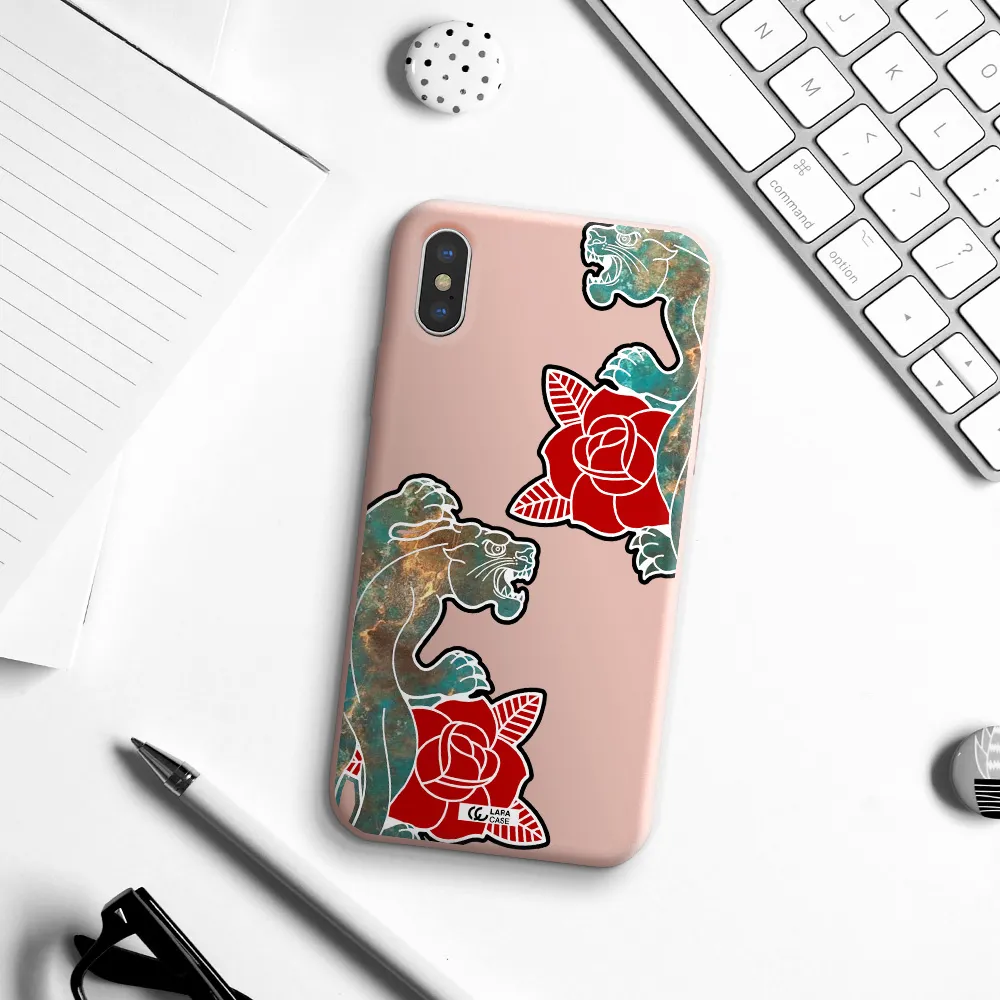 Black Panther Roses Apple iPhone XS Silicone pastel pink Case