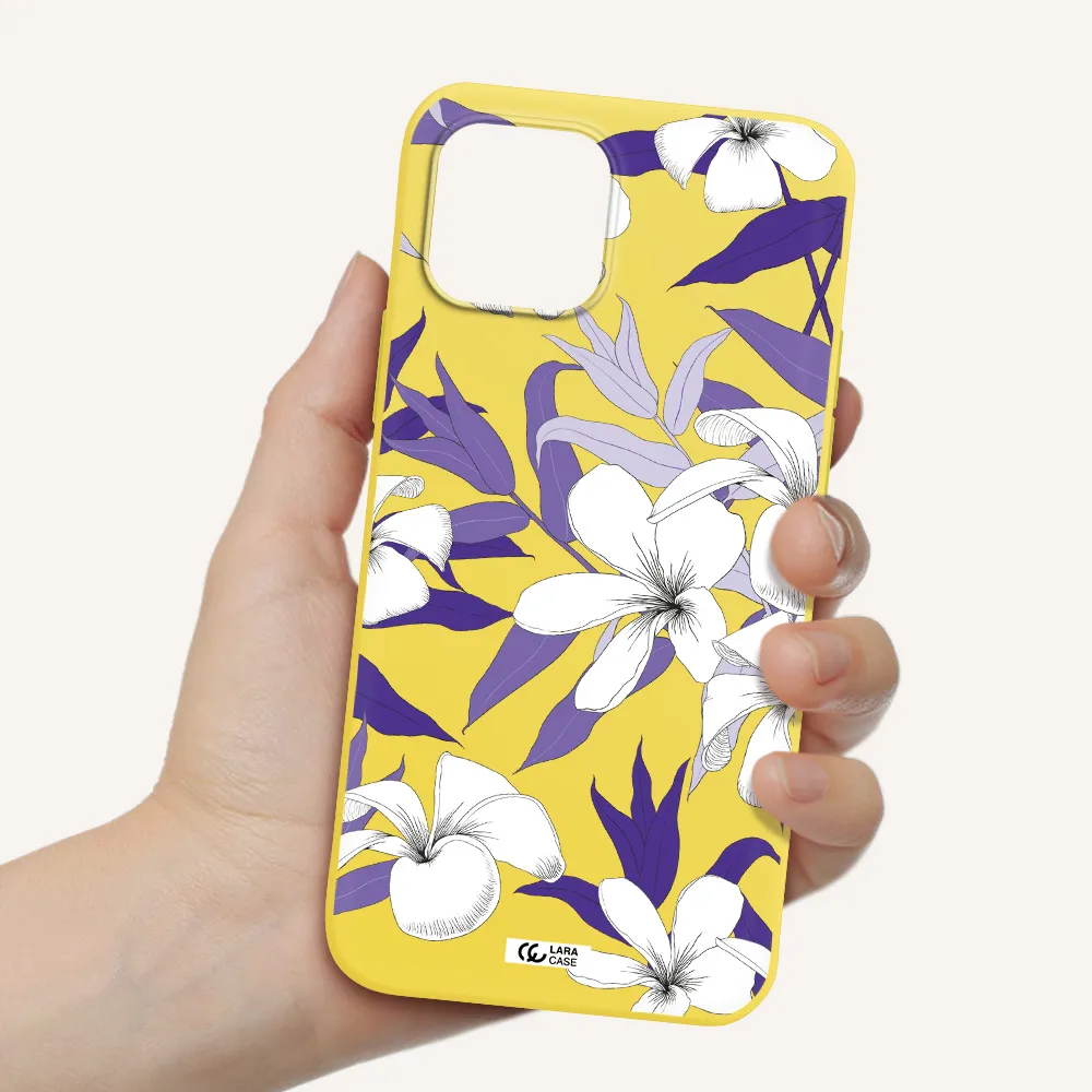 Purple Flower Apple iPhone 12 Silicone canary yellow Case