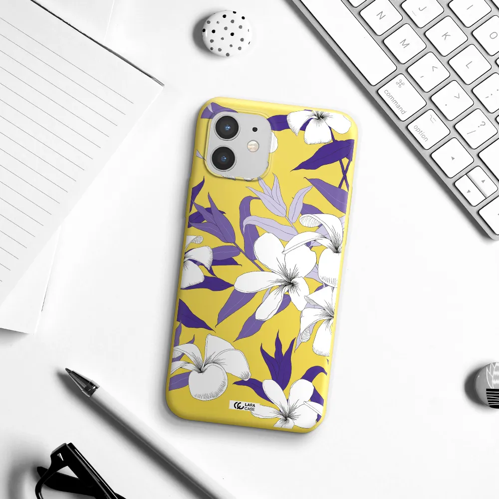 Purple Flower Apple iPhone 12 Silicone canary yellow Case