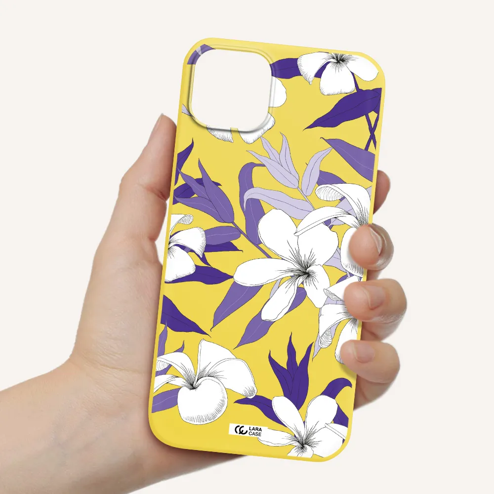 Purple Flower Apple iPhone 14 plus Silicone canary yellow Case