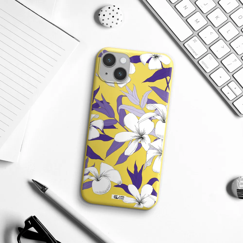 Purple Flower Apple iPhone 14 Silicone canary yellow Case