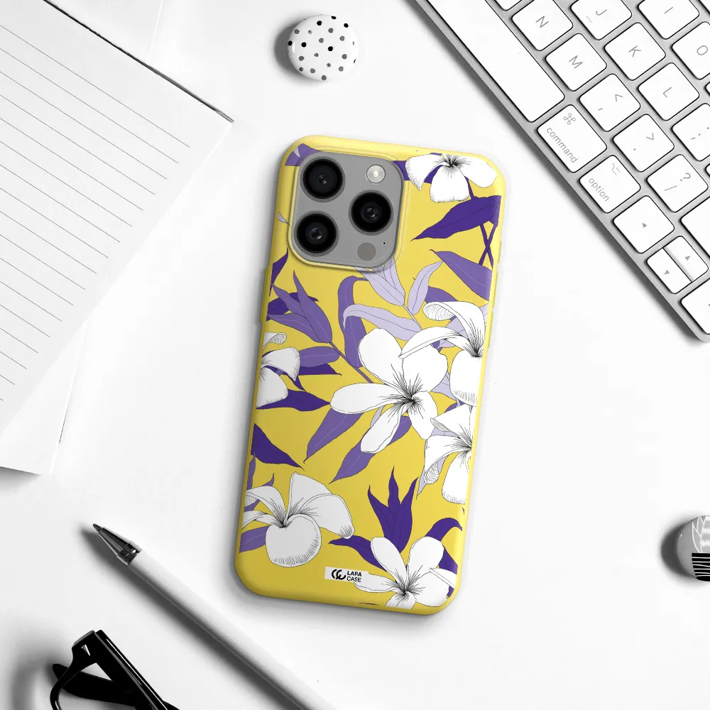Purple Flower Apple Iphone 15 Pro max Silicone canary yellow Case