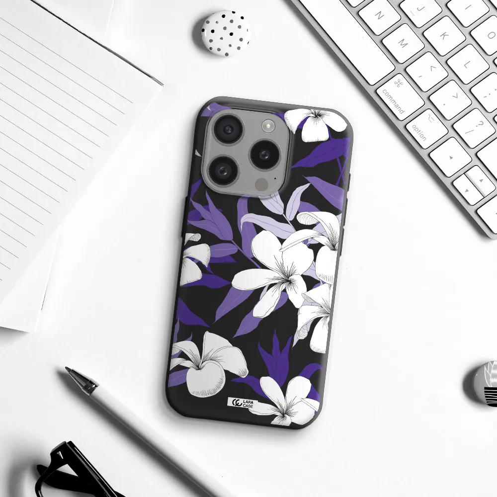 Purple Flower Apple Iphone 15 Pro Silicone Black Case