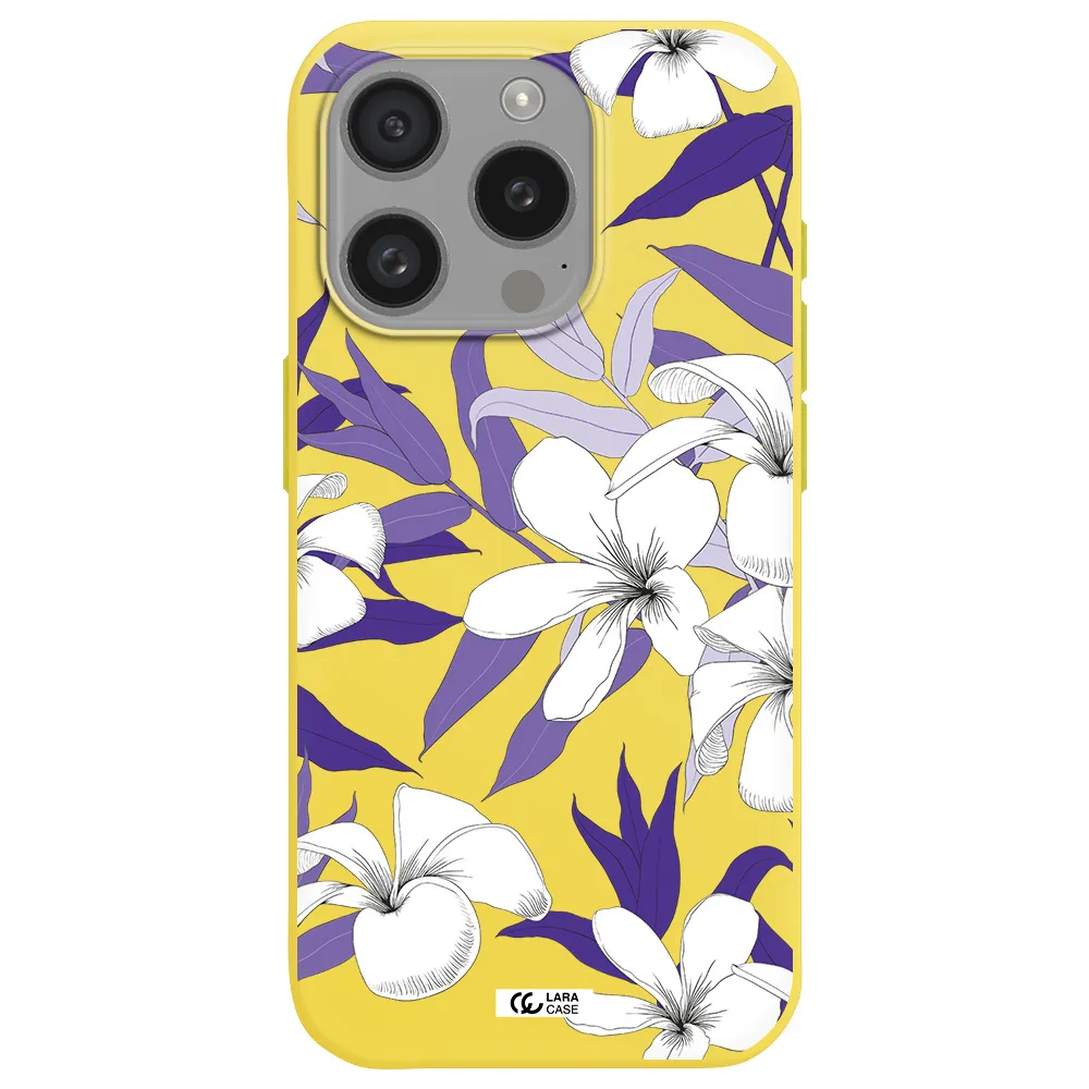 Purple Flower Apple Iphone 15 Pro Silicone Canary Yellow Case