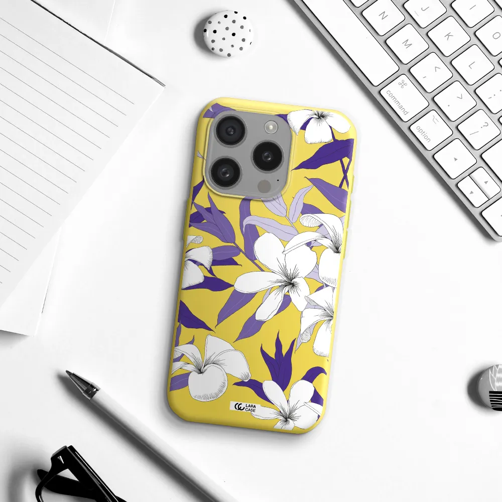 Purple Flower Apple Iphone 15 Pro Silicone Canary Yellow Case