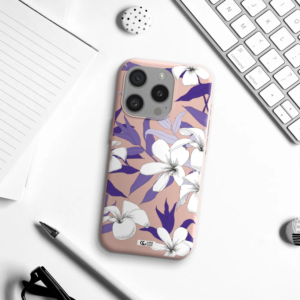Purple Flower Apple Iphone 15 Pro Silicone Pastel Pink Case