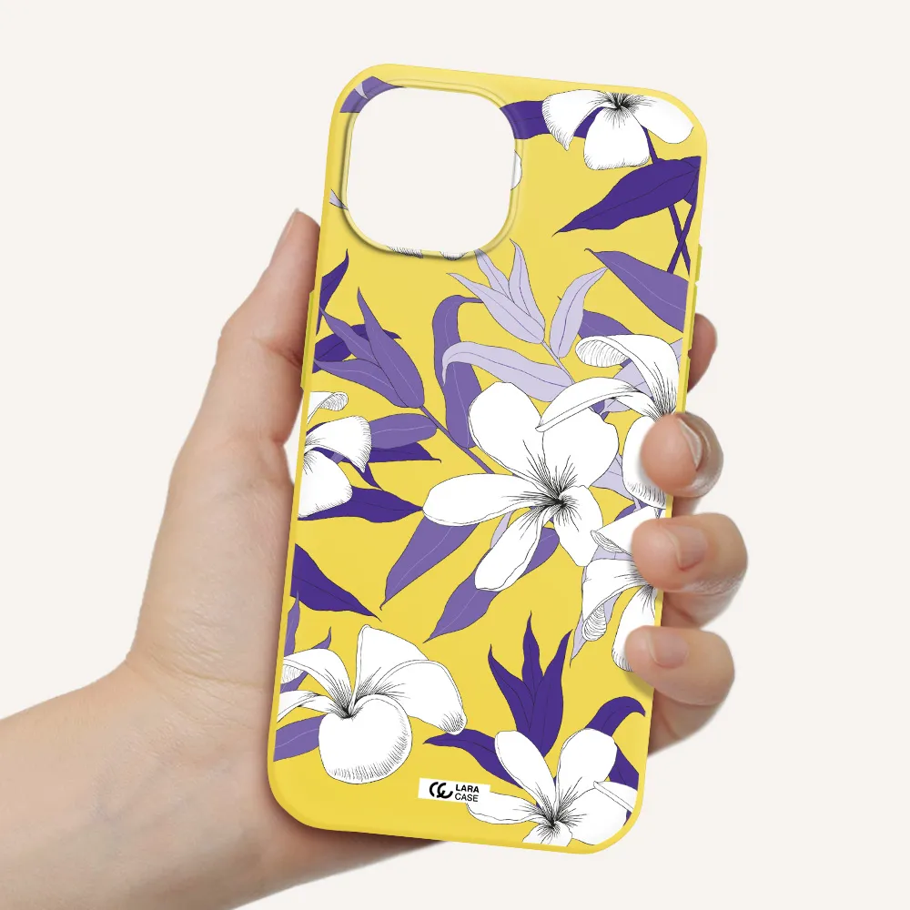 Purple Flower Apple iPhone 15 Silicone canary yellow Case