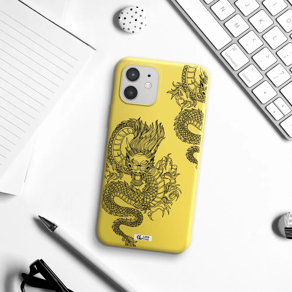 Dragon Line Art Apple iPhone 12 Silicone canary yellow Case