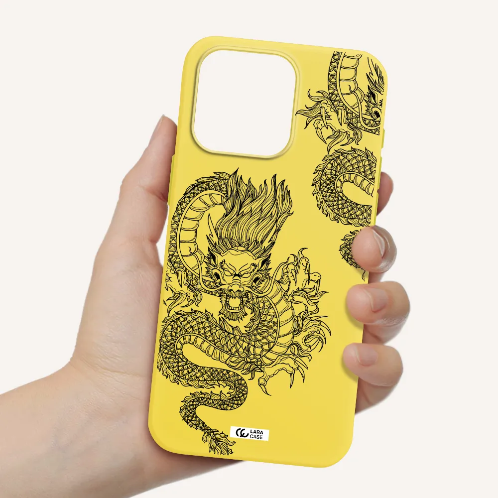 Dragon Line Art Apple Iphone 15 Pro max Silicone canary yellow Case