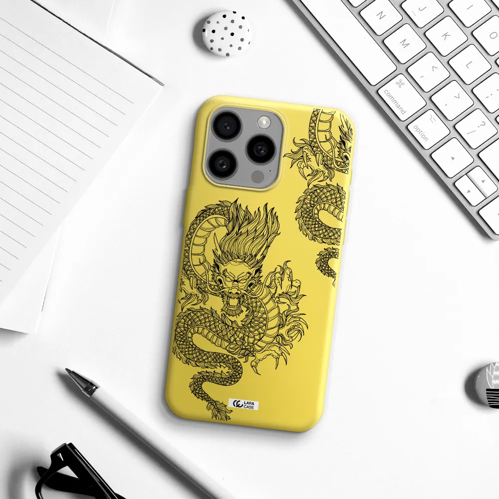 Dragon Line Art Apple Iphone 15 Pro max Silicone canary yellow Case