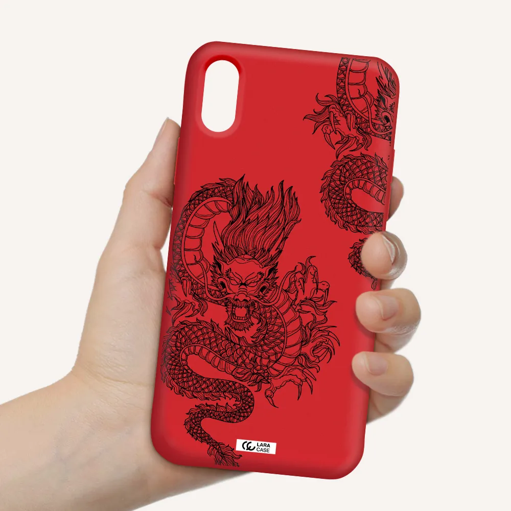 Dragon Line Art Apple iPhone XS Silicone Imperial Red Case